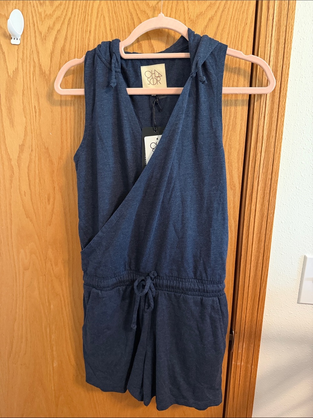 Chaser Navy Sleeveless surplice Hooded Romper w/ pockets